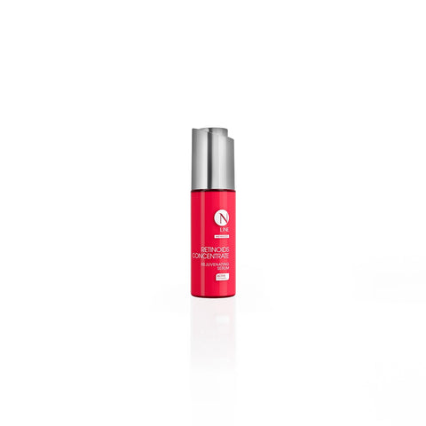 Siero viso, confezione rossa con scritta bianca retinoids concentrate. Sfondo bianco