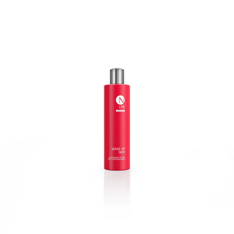 Crema viso rossa con scritta bianca Wake up Skin N line. Sfondo bianco