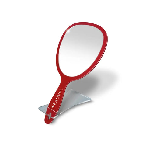 Specchio rosso con base in plexiglass autoportante e la scritta Neuavia